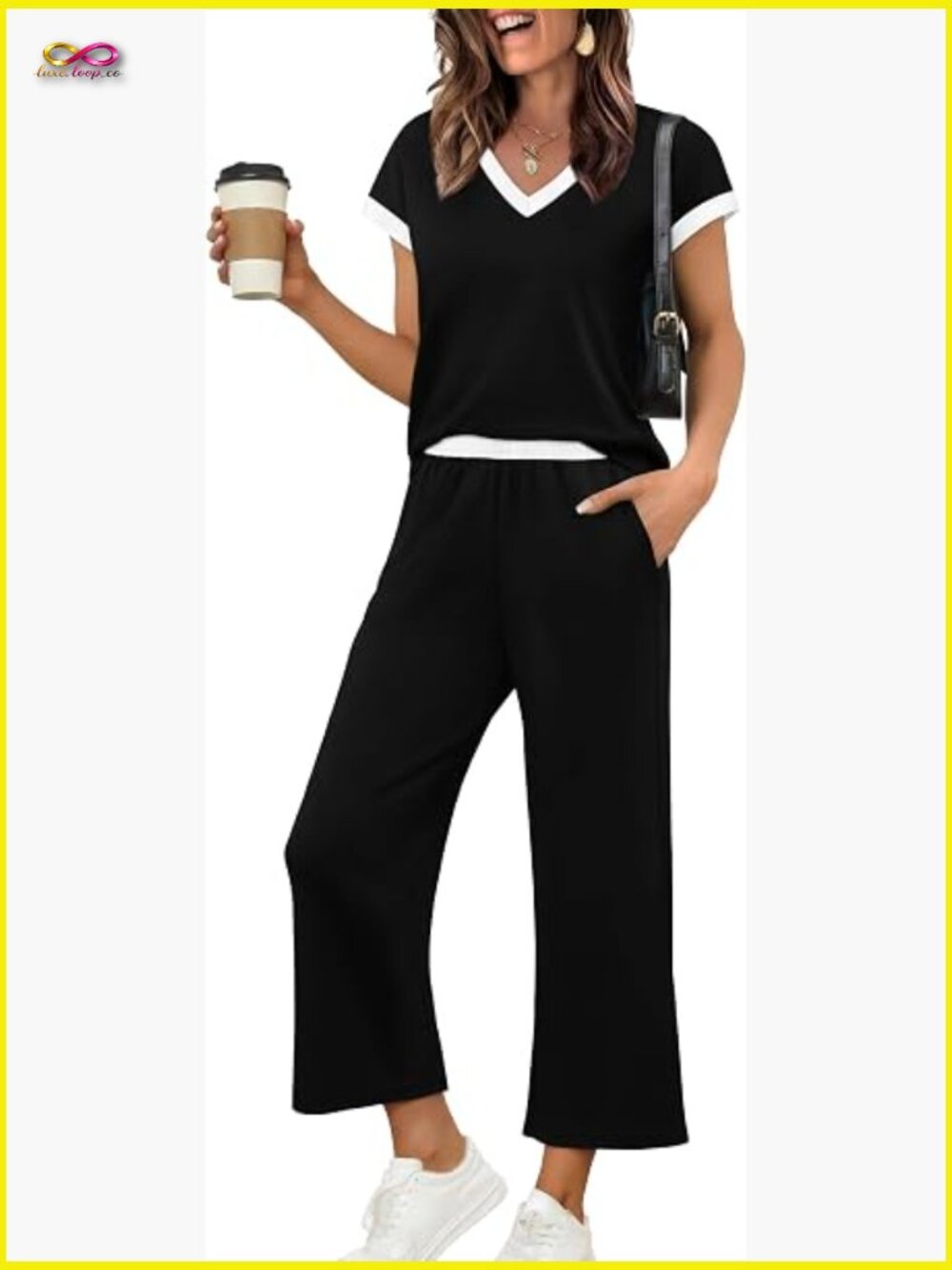 Color Block Cap Sleeve Lounge Set with Wide Leg Pants